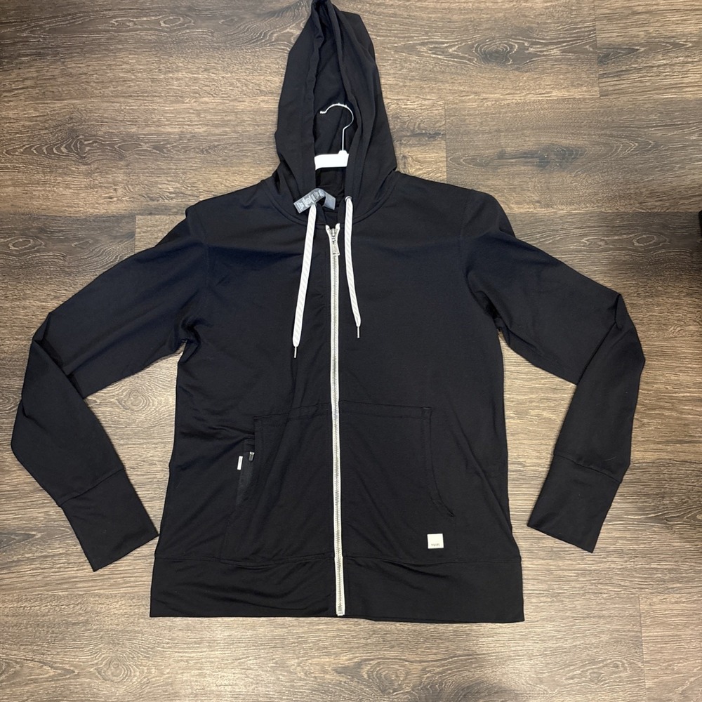 Vuori Black Performance Full-Zip Hoodie with White Drawstrings